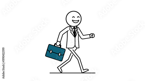 Happy Stick Figure Businessman Walking with Briefcase Line Art on Isolated White Background