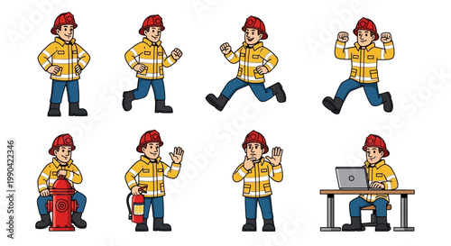 Collection of Firefighter Poses and Actions.