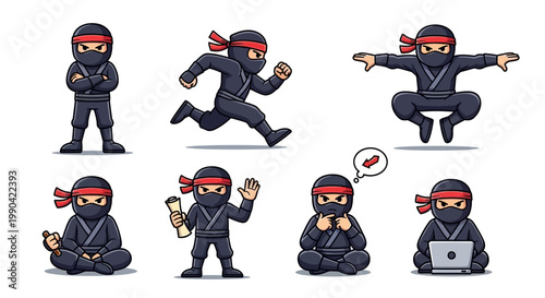 Collection of Ninja Characters in Various Poses and Activities.