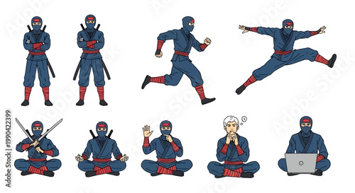 Collection of Ninjas in Various Dynamic Poses and Actions.