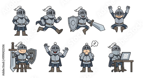 Cute Knight Character Set in Various Poses and Actions.