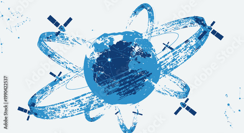 Blue globe with orbiting satellites and communication network