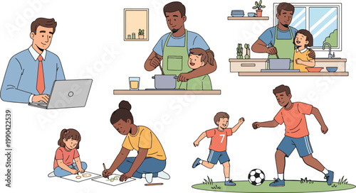 Set of family activities with father working at laptop playing soccer and drawing with kids