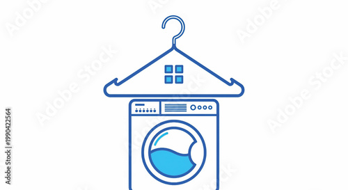 Hanger icon with washer machine view and blue UI squares, illustrating laundry service concept in simple vector style