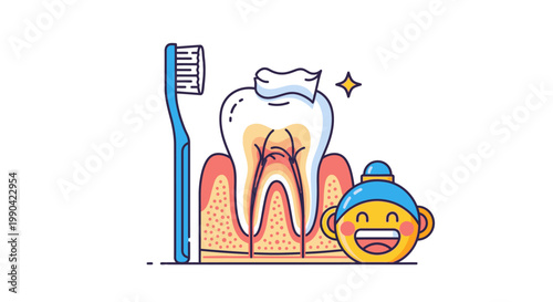 Cartoon tooth and toothbrush illustration for pediatric dental care