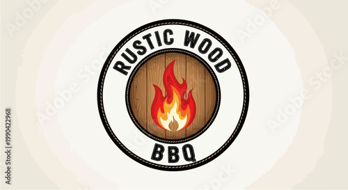 Rustic Wood BBQ Logo with Fiery Flames.