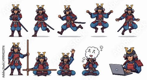 Samurai Warrior Poses Collection Diverse Actions.