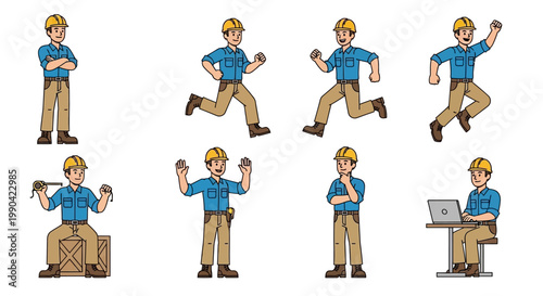 Set of cartoon construction workers in various poses and actions.