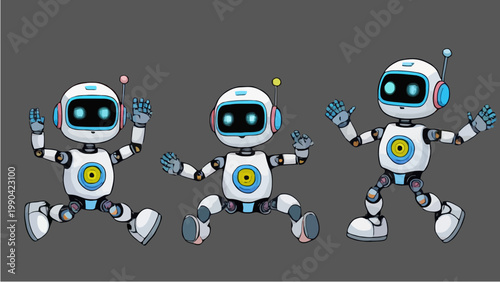 Three cute cartoon robots dancing and playing together.