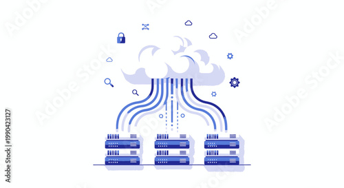 Cloud computing network and server racks flat illustration