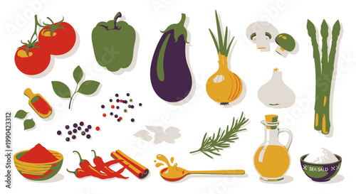 Collection of fresh organic vegetables and aromatic cooking spices