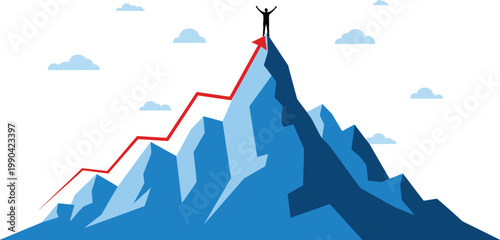 Business Concept Illustration of a Successful Person Standing on Top of a Mountain with Red Growth Arrow for Achievement and Goals