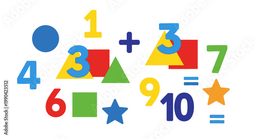 Colorful educational numbers and geometric shapes on white background