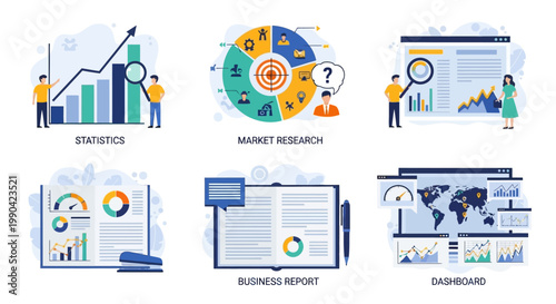 Business analytics and data visualization concepts illustrated.