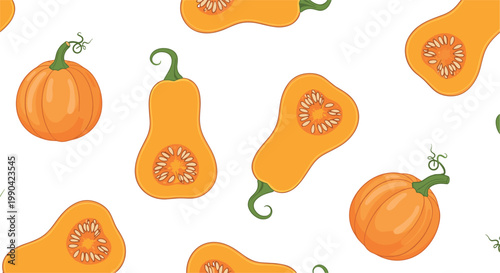 Seamless pattern with pumpkins and butternut squash autumn harvest vegetables illustration