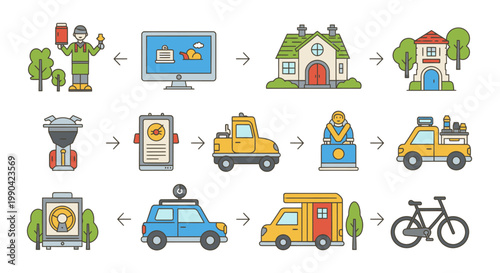 Colorful icons showing delivery transportation housing and smart city technology