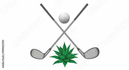 Golf clubs icon with white golf ball and green agave plant logo on clean background featuring golfing, course, athletic equipment with swing and