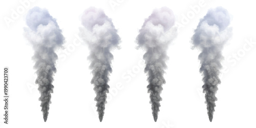 Four distinct, dark-to-light grey plumes of smoke or thick vapor ascending vertically in parallel against a clear white background, illustrating a repetitive and controlled atmospheric effect.
