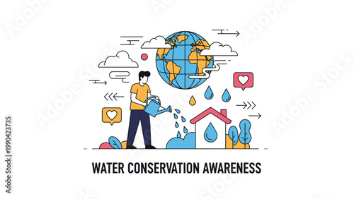 Water conservation awareness poster features a man watering a plant under a globe and rain clouds.