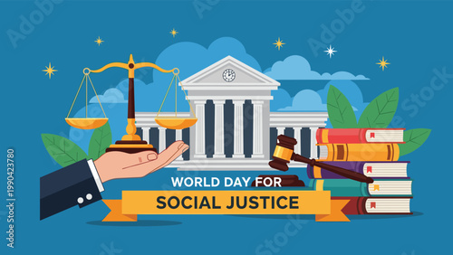World day for social justice banner features scales of justice and a gavel in front of a courthouse.