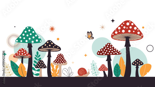 Magical mushroom forest scene features colorful fungi with dots and a snail moving across the ground.
