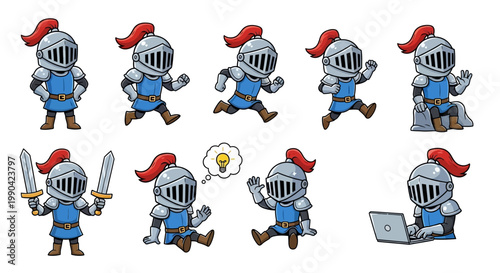 Collection of cartoon knights in various poses and actions.
