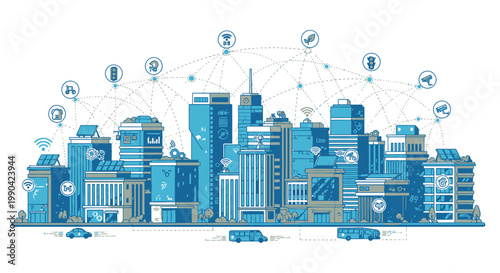Connected smart city with IoT icons and green energy technology