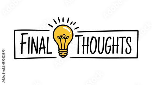 Hand drawn final thoughts text with lightbulb idea concept graphic