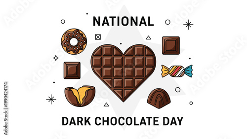 Celebration of national dark chocolate day with various sweet treats like cocoa bar heart and delicious donut with sprinkles on white background.