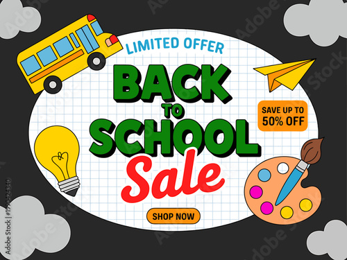 Back to School Sale limited offer with savings and school supplies illustration