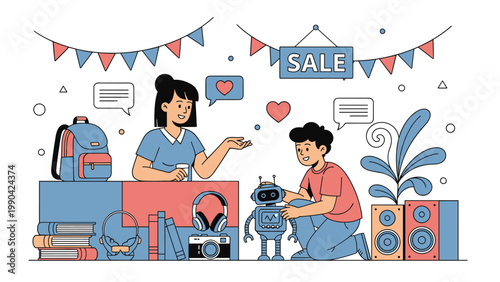 Woman selling toys to a boy at a market stall featuring a robot headphones a camera and books under a blue sale sign with festive pennant flags.