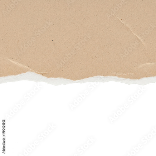 Torn brown kraft paper edge on white background, ripped cardboard texture with rough fiber borders, recycled paper scrap for collage and scrapbooking