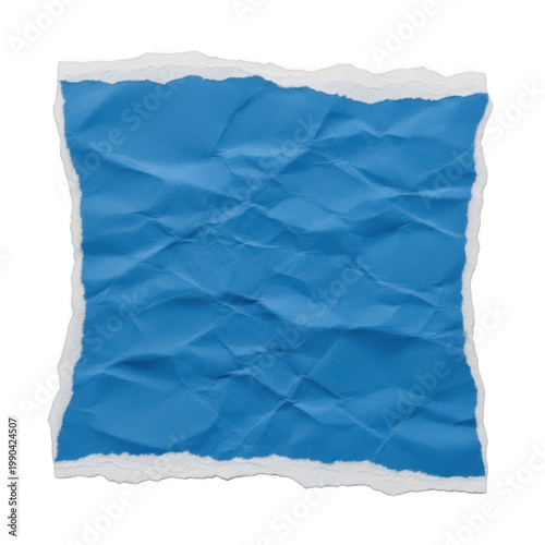Crumpled blue paper scrap with torn edges, wrinkled paper texture on white background, ripped blue note paper for graphic design