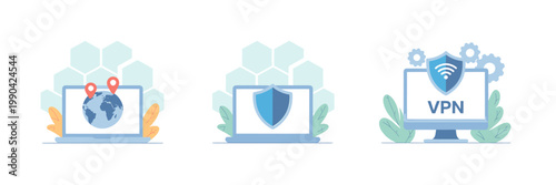 Virtual private network security icons with laptops and computer monitors online protection