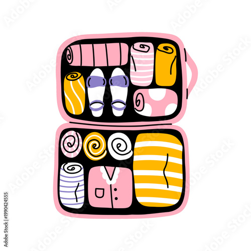 Vector open suitcase with neatly packed clothing, towel and slipper. Organized travel luggage illustration in flat style for vacation, trip and summer holiday theme.