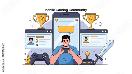 Young man playing a mobile game on a smartphone in front of a large screen surrounded by trophies gaming profiles and digital accessories for fun.