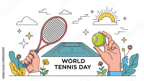 World tennis day illustration with hands holding a racket and a ball in front of a blue court under a sunny sky with flowers and clouds around.