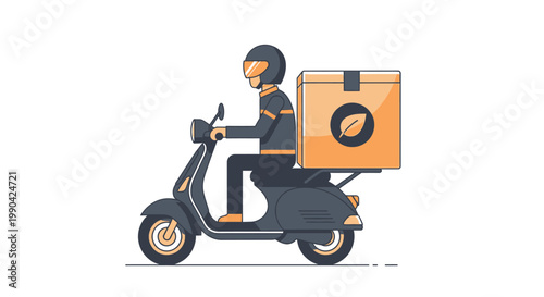 Delivery man riding scooter with eco friendly cardboard box