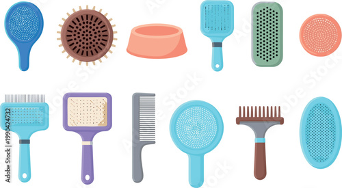 Set of pet grooming brushes combs and accessories colorful equipment illustration collection