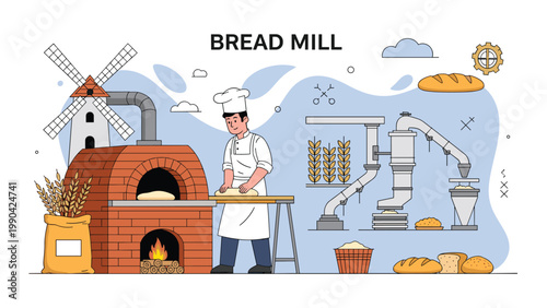 Professional baker working in a traditional bakery with a brick oven and modern bread mill machinery for artisanal flour production process.