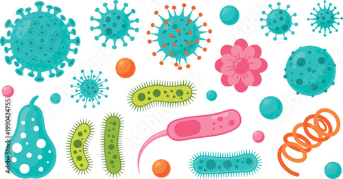 Set of bacteria viruses and microorganisms colorful biology science illustration collection