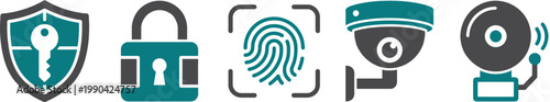 Security Icons: An array of security icons, encompassing a shield, a lock, a fingerprint, a surveillance camera, and a ringing bell, epitomizing comprehensive protection and safety measures. 