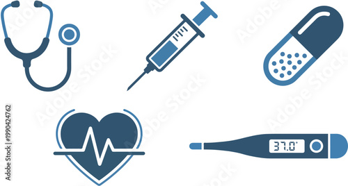 Medical Icons: A collection of essential medical tools, including a stethoscope, syringe, capsule, heart monitor, and digital thermometer, symbolizing healthcare and wellness.