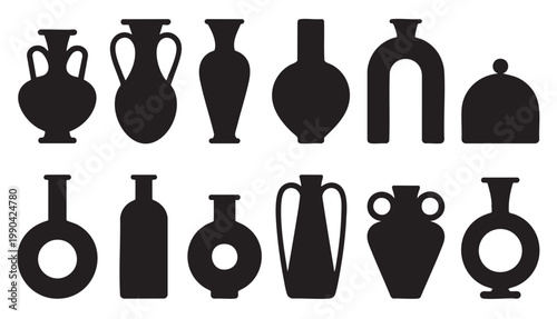 Silhouettes pottery collection isolated black ceramic vase shapes.