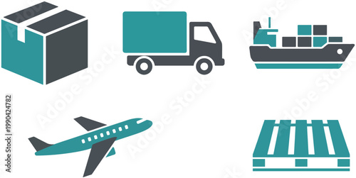 Global Logistics Icons: A vibrant collection of transportation icons showcases the diverse modes of global logistics, representing the seamless movement of goods across borders. 
