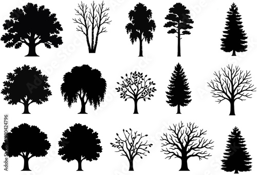 Tree Silhouette Collection: Diverse silhouettes of trees in various shapes and forms, providing a versatile collection for design projects, conveying nature's versatility.