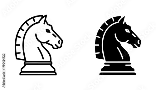 Chess Knight Piece Outline and Solid Black Vector Icons