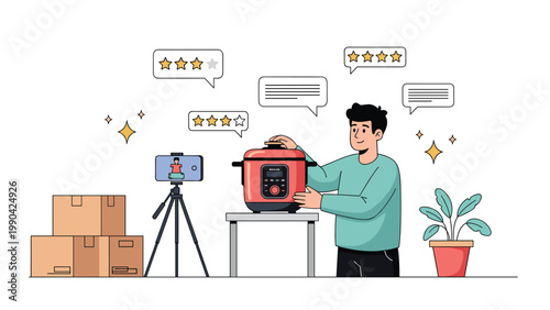 Man recording a product review video of a multi cooker on a smartphone for his social media followers with ratings and comment bubbles around.
