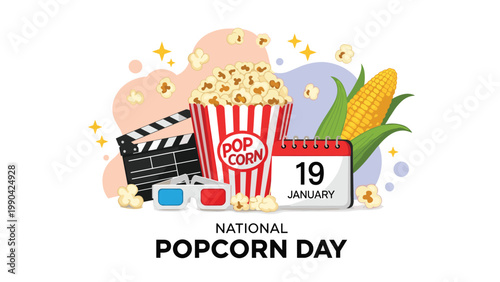 National popcorn day greeting with a full bucket movie clapperboard 3D glasses corn on the cob and a calendar marking January 19 for cinema fans.