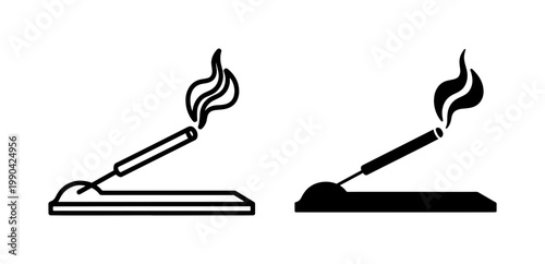 Burning Incense Stick Icon Set with Smoke and Holder